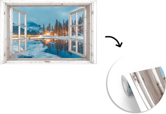 Behang - Fotobehang Doorkijk - Winterlandschap - Natuur - Huis - Bergen - Breedte 525 cm x hoogte 350 cm