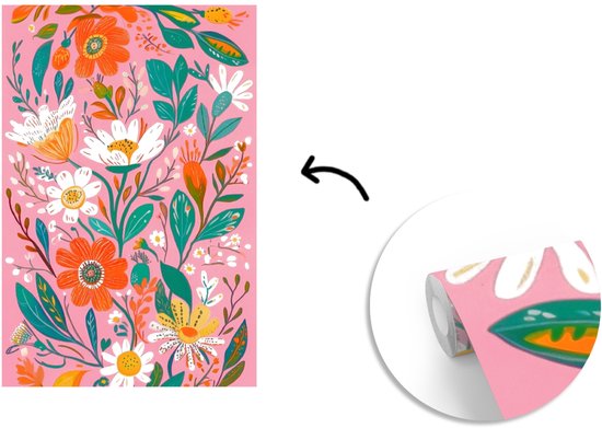 Behang - Fotobehang Roze - Bloemen - Wit - Oranje - Breedte 170 cm x hoogte 260 cm