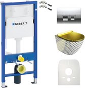 GEBERIT Duofix Basic Inbouwreservoir - LAVITA SOFI SLIM CHECKED GOLD Wit/Goud WC - DELTA 25 Chroom Drukplaat - Set