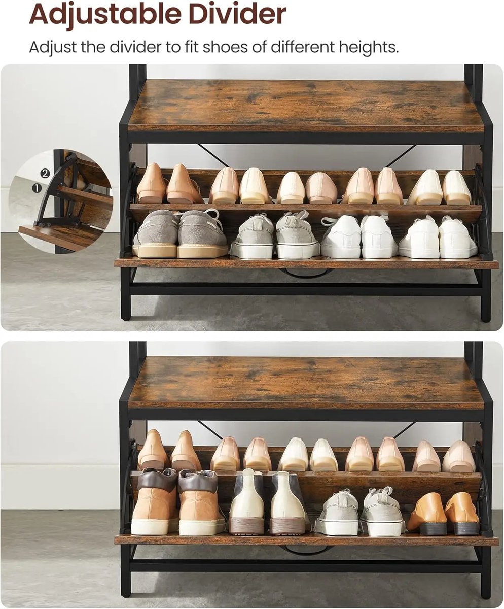Vasagle Kapstok met schoenenrek - kapstok met bank - kledingrek - schoenenrek - 9 haken - bovenste plank - voor hal - slaapkamer - industrieel design - vintage bruin – foto 3