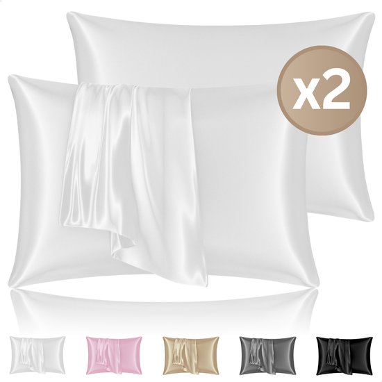 RENALUX - Satijnen Kussensloop Trend - Wit - kussenslopen 60 x 70 set van 2 - Zijden Zachte Kussensloop - Huidverzorging - Haarverzorging - Set van 2 Stuks - Rits Sluiting - Wit