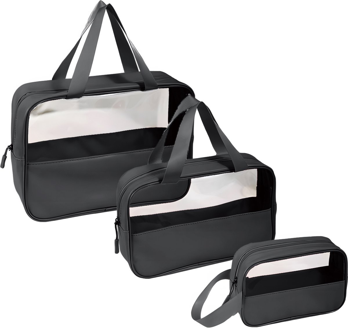 Rainbecom - Transparant toilettas set - Doorzichtige Reisset - set 3 stuks - Waterdicht - Cosmeticatas Organizer - Make-uptas - Reistas - Vliegtuig Handbagage - Ophangbaar - Vakantie - Reizen - Waterafstotend- Zwart