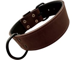 K9 World, honden halsband, donker bruin leder, dubbel gestikt, 5cm breed, 55-65cm, black edition hardware