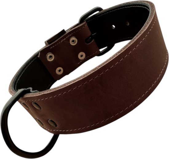 K9 World, honden halsband, donker bruin leder, dubbel gestikt, 5cm breed, 55-65cm, black edition hardware