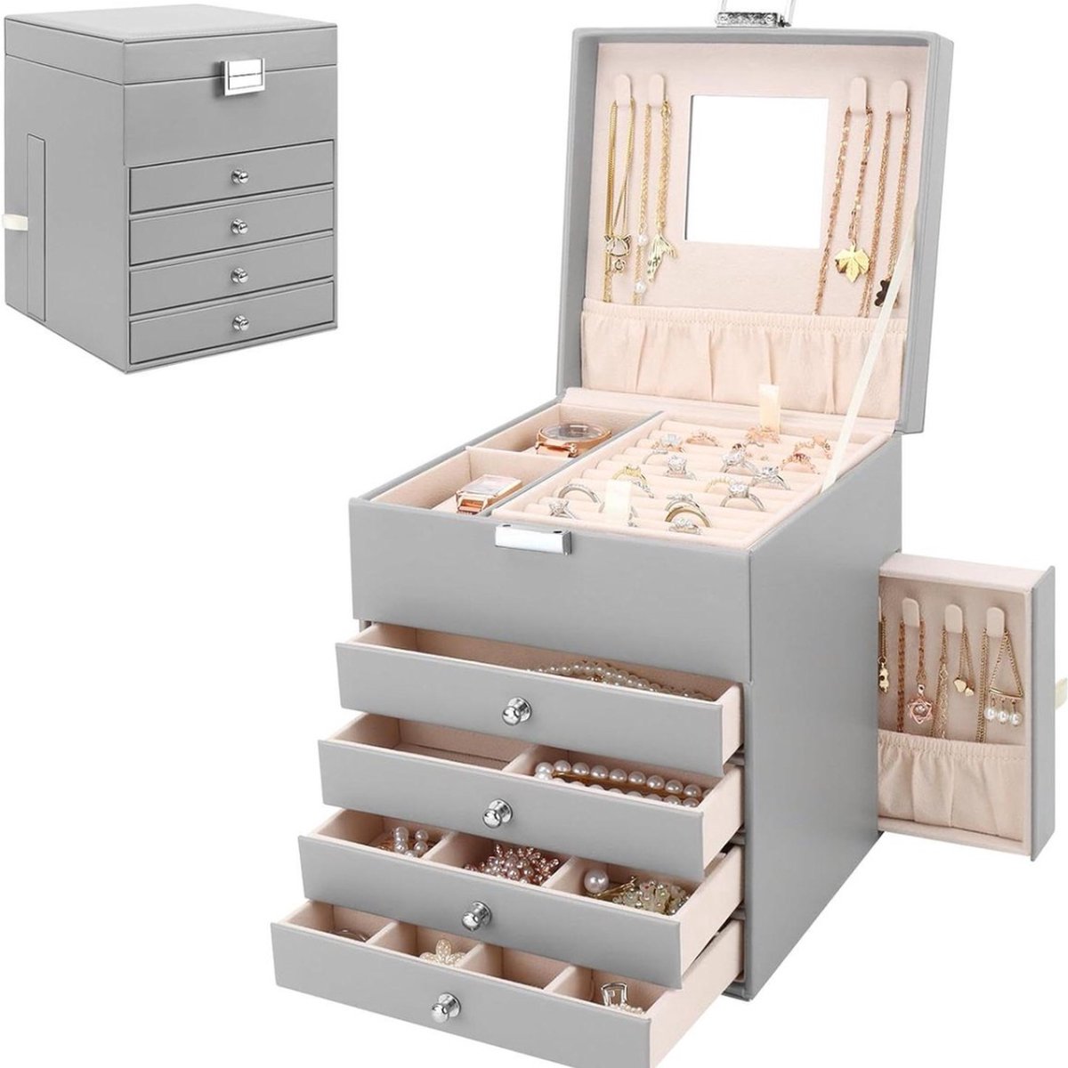 Sieradendoos 6 laden spiegel organizer sieraden vitrine zijladen 5 lagen ringen oorbellen armbanden kettingen grijs