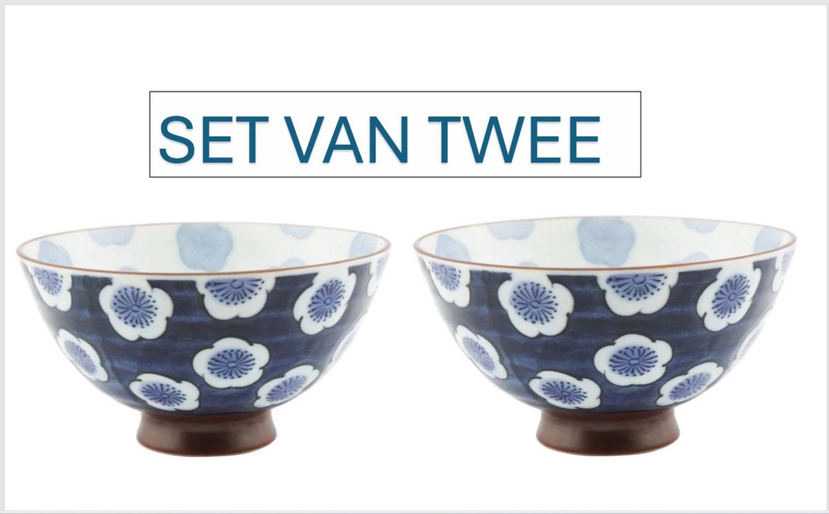 Japans rijstkommetje donkerblauw gr. bloem 12,5 x 7 cm set van 2