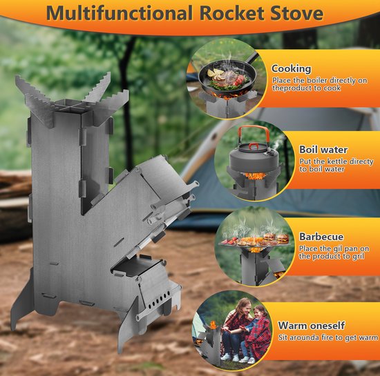 Rocket stove Kachel Kooktoestel Campingkooktoestellen Kookset Buiten Koken BBQ incl. grillplaat en firepitpook van Merkloos — afbeelding 2