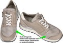 Twee grijze sneakers met rits en witte veters. Pijlen wijzen op drukontlastende stretch zone voor de voorvoet.