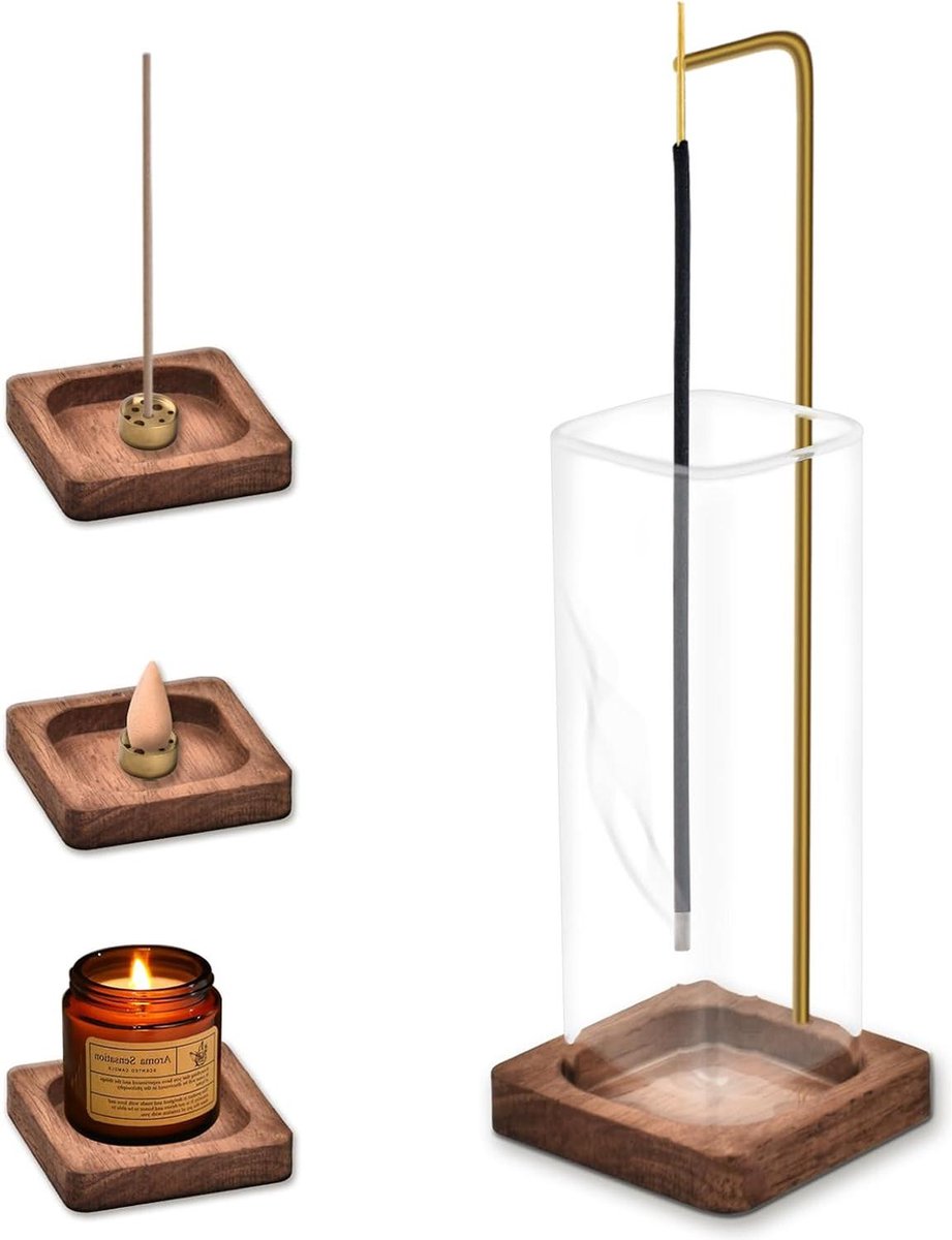 Houten wierookstokjeshouder met afneembare asvanger van glas - Moderne stijl - Ideaal voor meditatie en yoga - Decoratie slaapkamer thuiskantoor