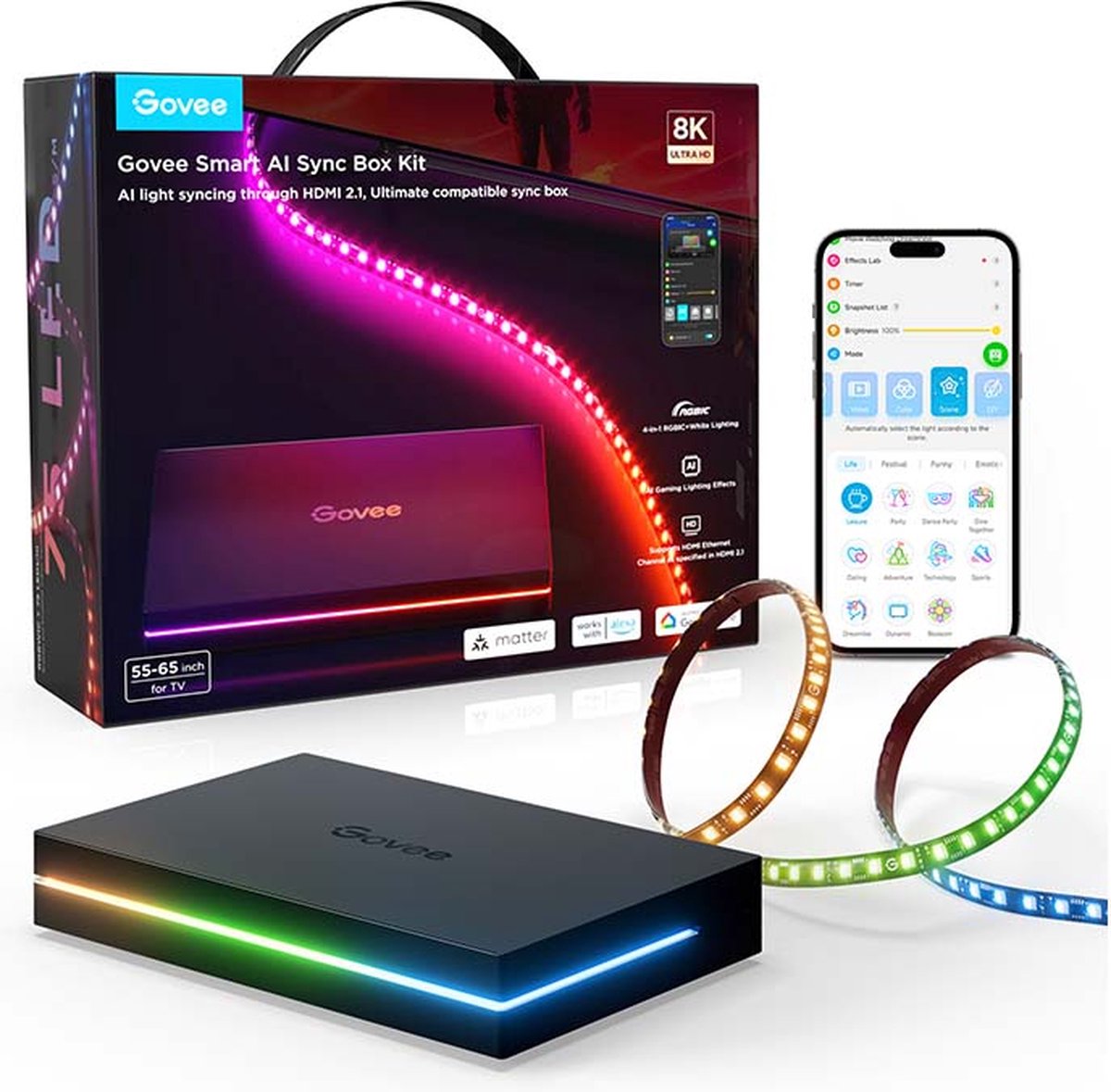 Govee AI Sync Box 2 55–65 inch - HDMI sync box met ledverlichting - RGBICW - app-bediening - Alexa/Google - Matter compatibel