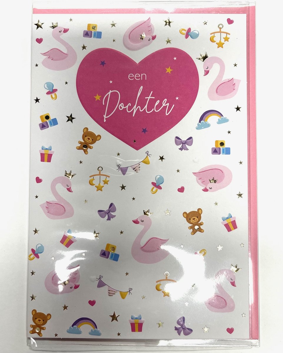 Wenskaart - Foliedruk – Geboortekaart – Meisje - Gekleurde envelop - 11.5 x 17 cm - 1 Stuk