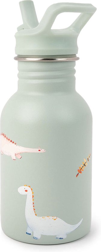 Lichtgroene drinkfles met rietje, handvat en dinosaurusprint: een Brachiosaurus en een andere dinosaurus.