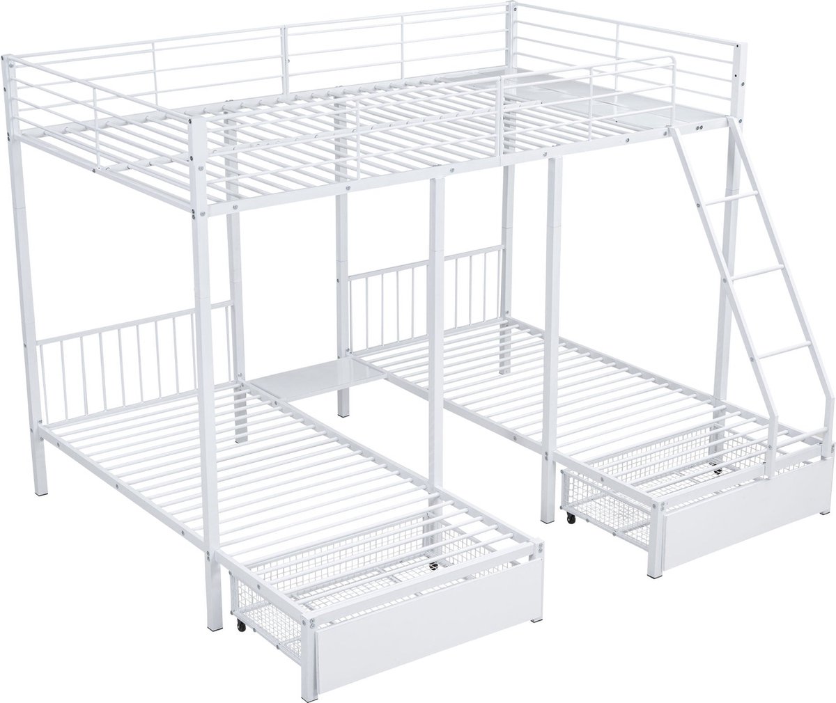 Merax 3‑Persoons Metalen Stapelbed met Lade – Omvormbaar naar 140x200 cm Tweepersoonsbed en Twee 90x200 cm Bedden – Wit