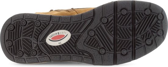 Zool van een bruine hoge veterschoen met profiel en 'rolling soft' logo.