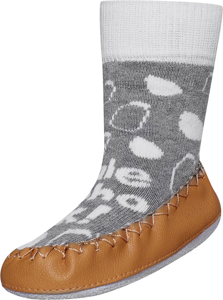 Soxo Grijze Babyslofjes Katoen Leer Slofsokken met Leren Zool voor en Grijze en bruine slofsokken voor baby s Babyslofjes met echt leren zool Comfortabele babyslofjes