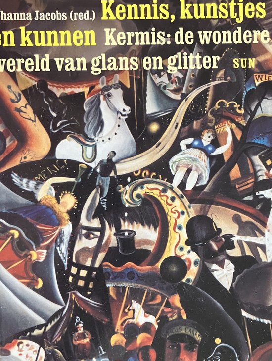 Levendige illustratie van een kermis met paarden, artiesten, een reuzenrad en carrousel.