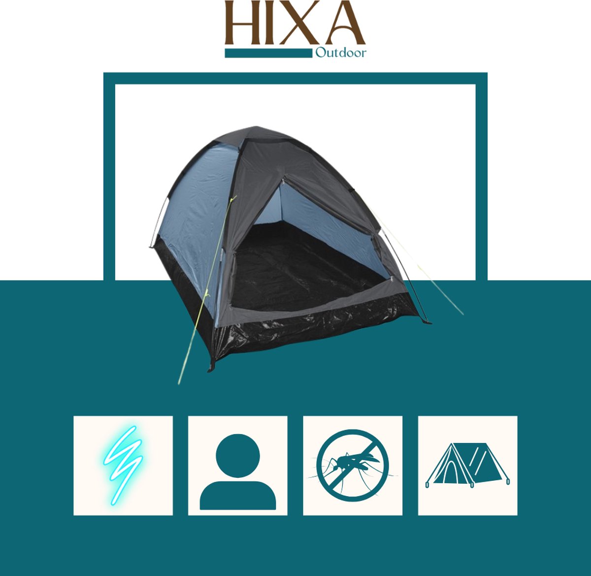 HIXA Tent - 1 Persoons - festivaltent - Blauw - Glow In The Dark - 200x120x100 cm - Polyester – foto 2
