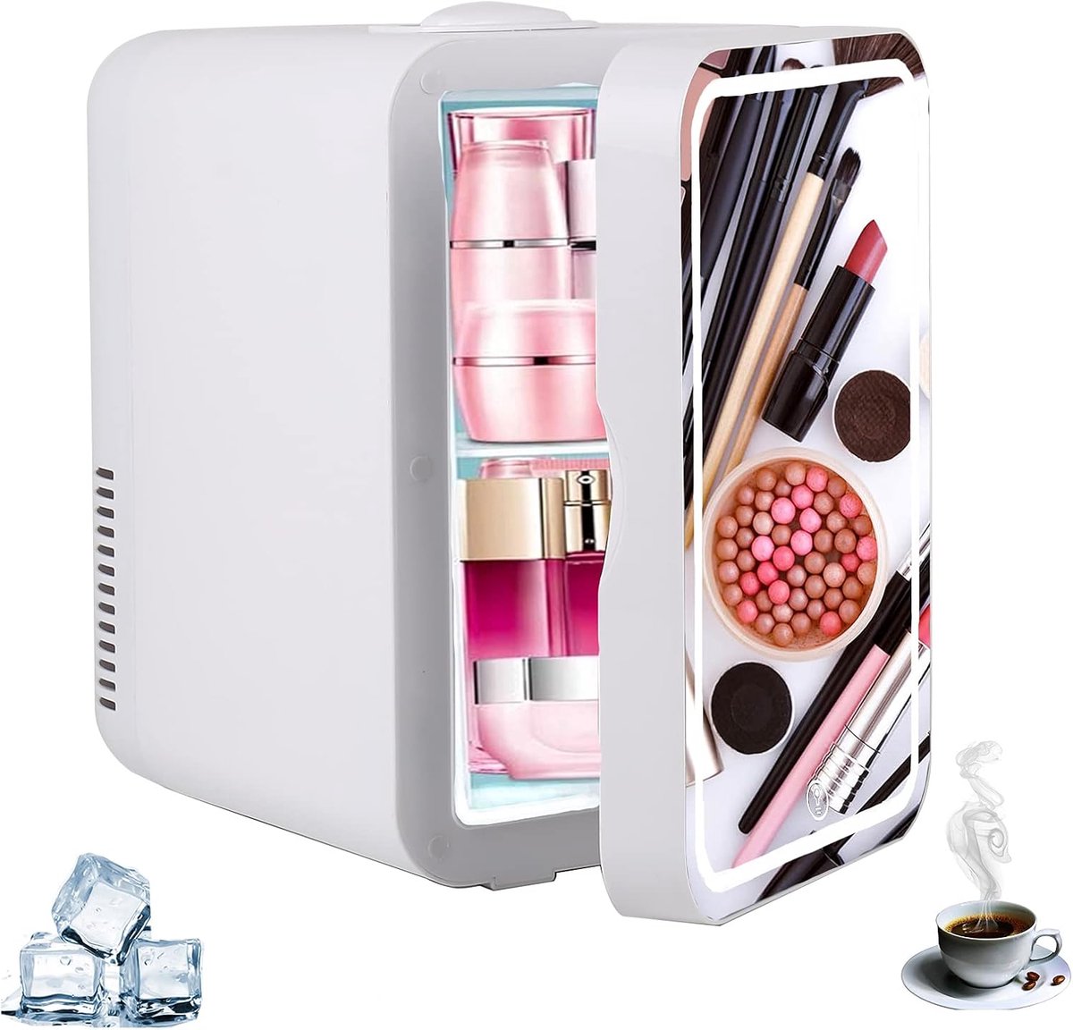 Draagbare mini-koelkast met LED-make-upspiegel - 8 liter cosmetica-koelkast met koel- en verwarmingsfunctie voor auto, kantoor en slaapkamer