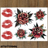 GetGlitterBaby® - Stoere Plak Tattoos / Tijdelijke Tattoo / Henna Nep Tatoeage / Fake / Festival Tattoes / Temporary Face Body Glitter Tattoo Halloween Sticker - Rozen Roos / Kus Zoenen Zoen Kisses