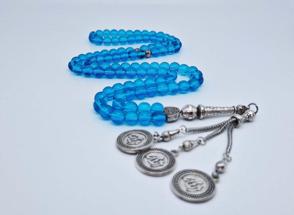 Handgemaakte tesbih "Tasbih" natuursteen " Blauwe kwarts " - Aantal kralen 99 - Diameter kralen 8MM - met metaal tassel "Allah Alwahid" - Een mooi cadeau-idee