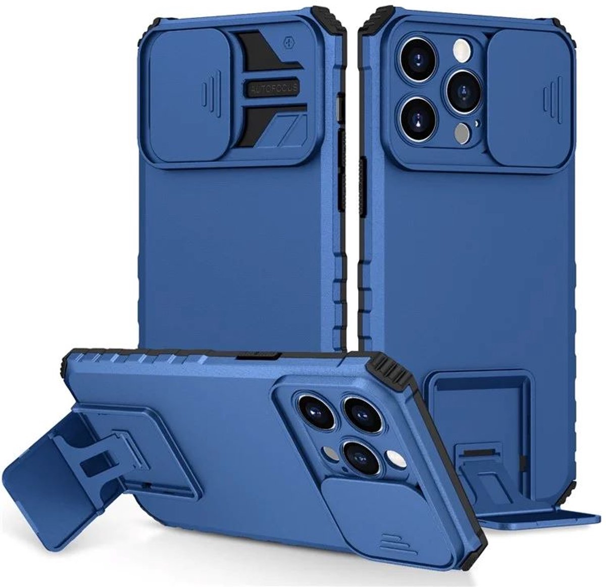 Cityhoesje - iPhone 15 Pro Max- Slide Camera Lid – BackCover - Anti-drop Kickstand - Blauw