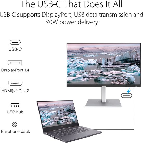 ASUS ProArt monitor met USB-C die DisplayPort, data en 90W power delivery ondersteunt.