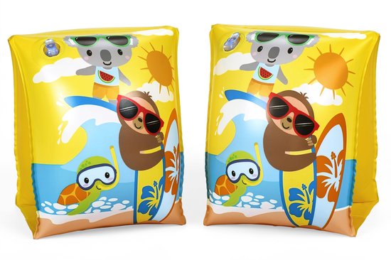 Gele zwembandjes met luiaard, schildpad en koala op surfplanken.