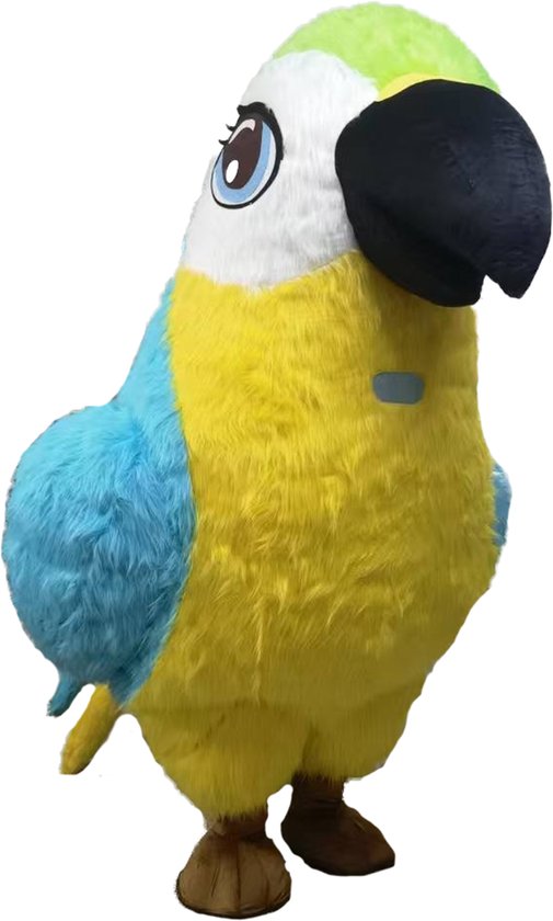 KIMU Mega Opblaasbare Mascotte Papegaai Blauw Geel - 2.6 Meter Vogel Kostuum Opblaasbaar Pak - Groot Vogelpak Opblaaspak - Opblaas Ara Paradijsvogel Halloween
