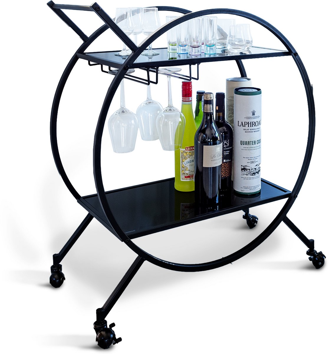 Eleganca Bar Trolley – Serveerwagen – Bar Cart – Keukentrolley – Met wijnglazenhouder – Op wielen – Glas/Metaal - Zwart