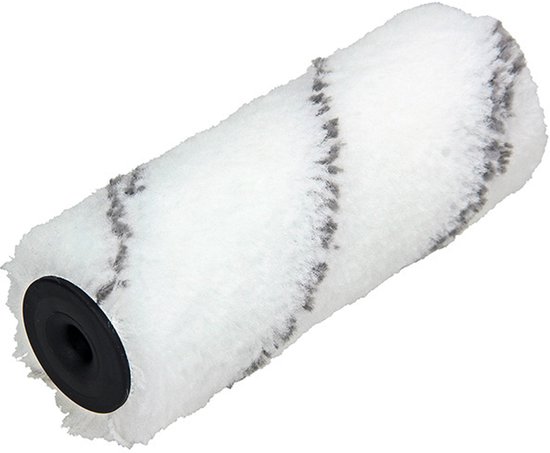 Witte verfroller met grijze strepen en een zwarte dop aan het uiteinde.