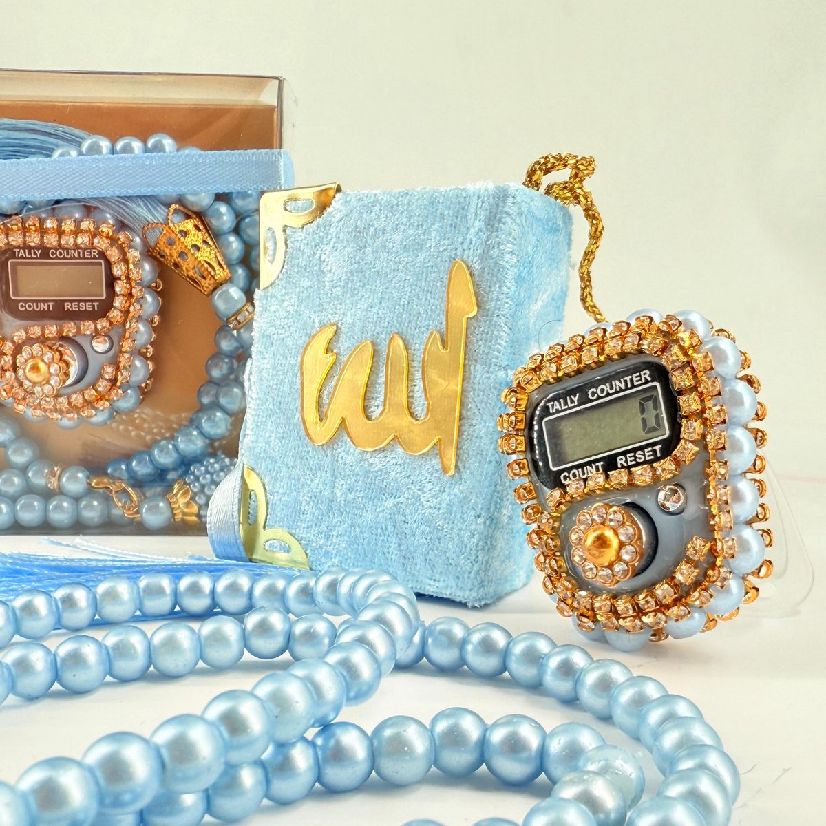 6x 3-Delige Islamitisch Cadeauset (Tasbeeh, Mini Quran, Zikirmatik) – Ramadan & Eid Geschenk – Blauw