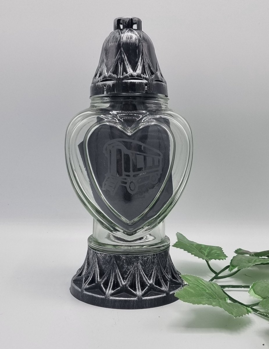 Herdenkingslicht - Woonwagen - Geëtst glas - Hart - Zilver - P39 - Grafkaars - Graflantaren - Graflicht - Windlicht