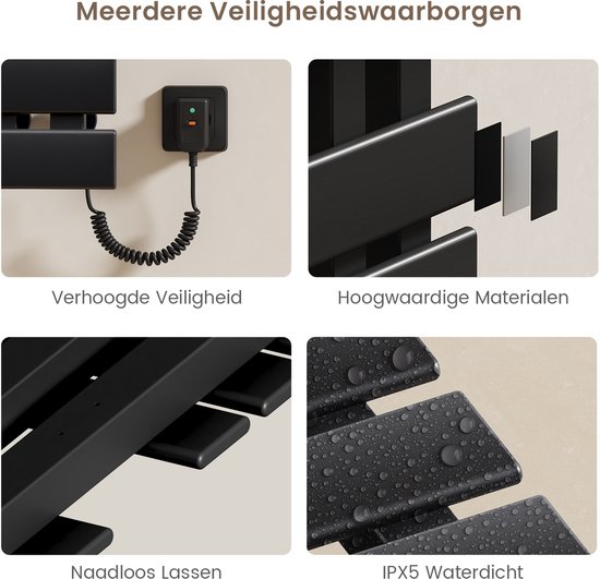 Details van de zwarte handdoekradiator: verhoogde veiligheid, hoogwaardige materialen, naadloos lassen en IPX5 waterdichtheid.