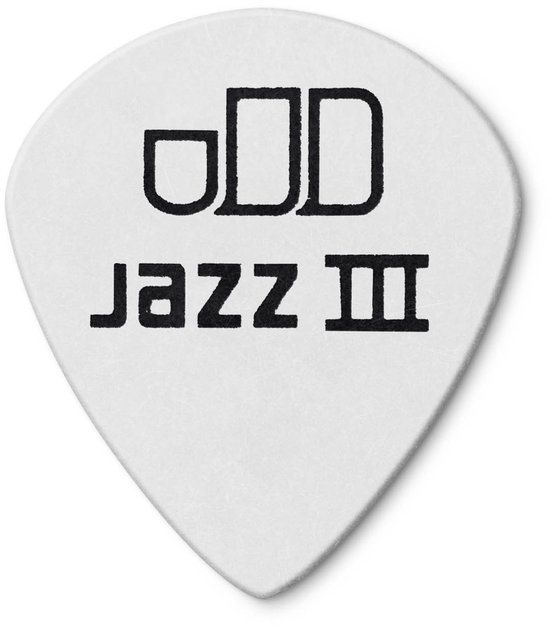 Médiator blanc Jazz III avec lettres blocs et texte 'jazz III'.