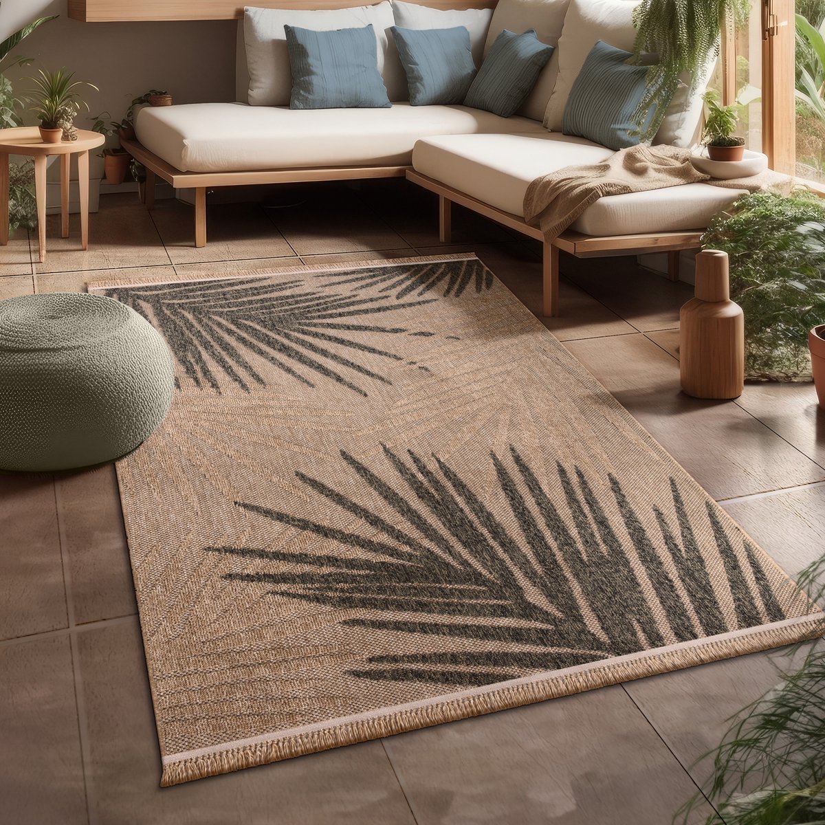 Flycarpets Colinna Binnen en Buitenkleed Groen Beige 160x220 cm Laagpolig Vloerkleed Buiten Blader motief Tuinkleed Tuintapijt