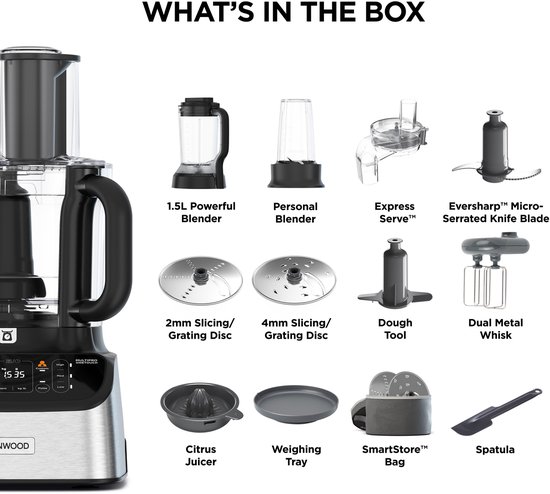 Contenu du robot culinaire Kenwood : blender 1,5 L, blender personnel, Express Serve, lames, presse-agrumes, etc.