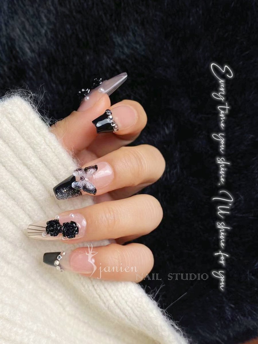 Sjanien Nail Studio Handgemaakte Press On Nails, Nude-Zwart, France 3D Rozen en Vlinder, Glitter, L-Coffin, 10 Stuks, Maat M