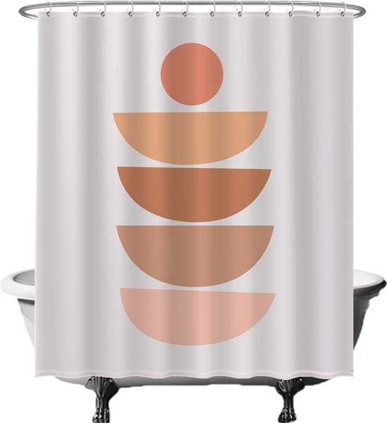 Foto: Ulticool douchegordijn halve maan evenwicht abstract aesthetic 180 x 200 cm semi transparant met 12 ringen wit anti schimmel roze bruin