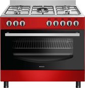 Wiggo WO-E905R(RX) - Gasfornuis - 5 Kookzones - 7 Ovenstanden - Wokbrander - Timer - 5 Jaar Garantie - Rood Rvs