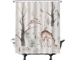 Ulticool Douchegordijn Anti Schimmel - Uil Vogel Hert Dieren Natuur Aquarel - 180 x 200 cm - semi Transparant - met 12 Ringen Wit - Decoratie Lente voor Binnen - Sepia Bruin Wit
