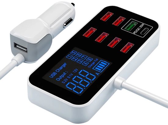 DrPhone ATL1 8 Multi USB Autolader - QC 3.0 & PD USB C poorten - LED Digitaal Display - PD snelader -12-24V - 40W - Wit