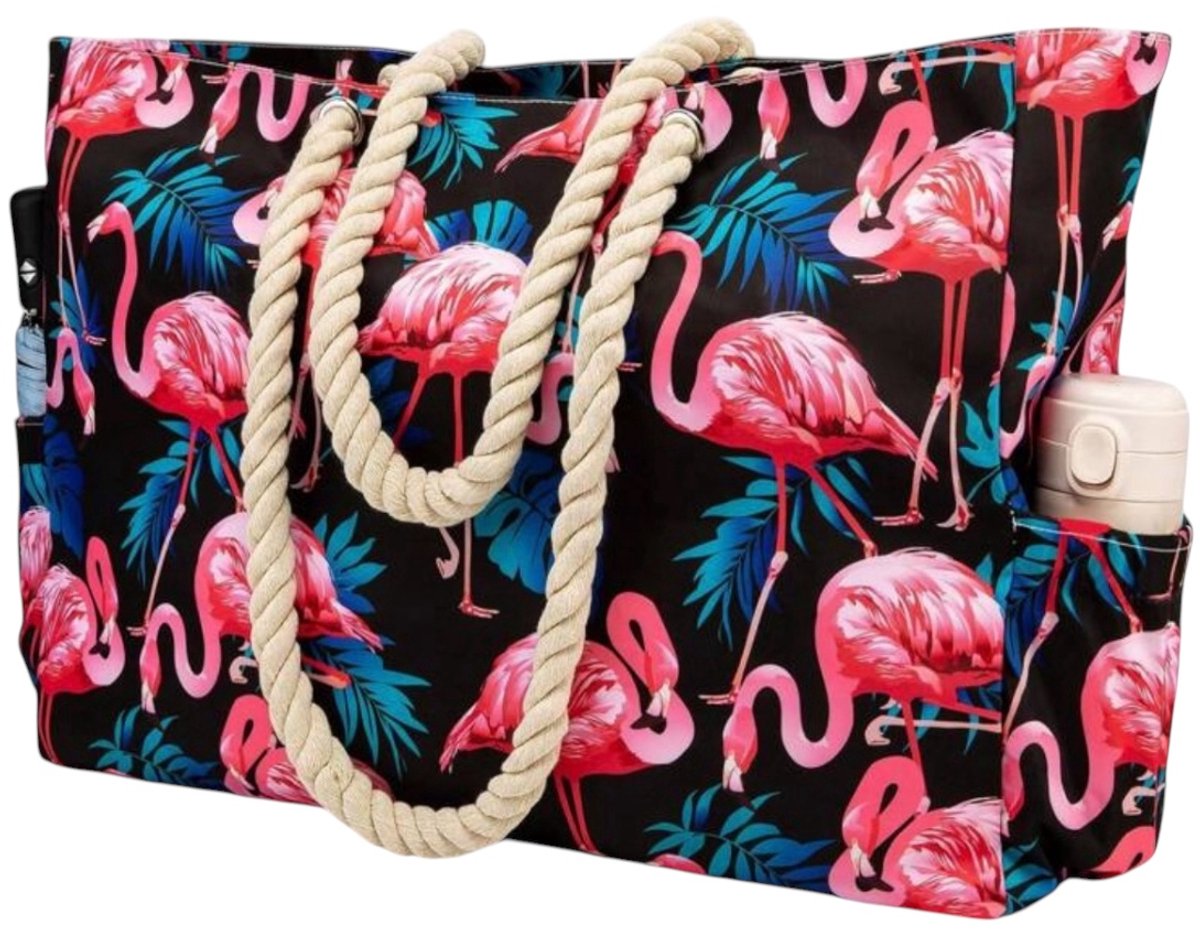Twenty Two XL strandtas met ritssluiting | binnenvakken en zijvakken| dubbeltouw handvat | roze/zwart/beige flamingo | grote strandtas | 50x15x37cm | waterdicht | lichtgewicht | geschikt als strandtas, yogatas, weekendtas, zwemtas, big shopper