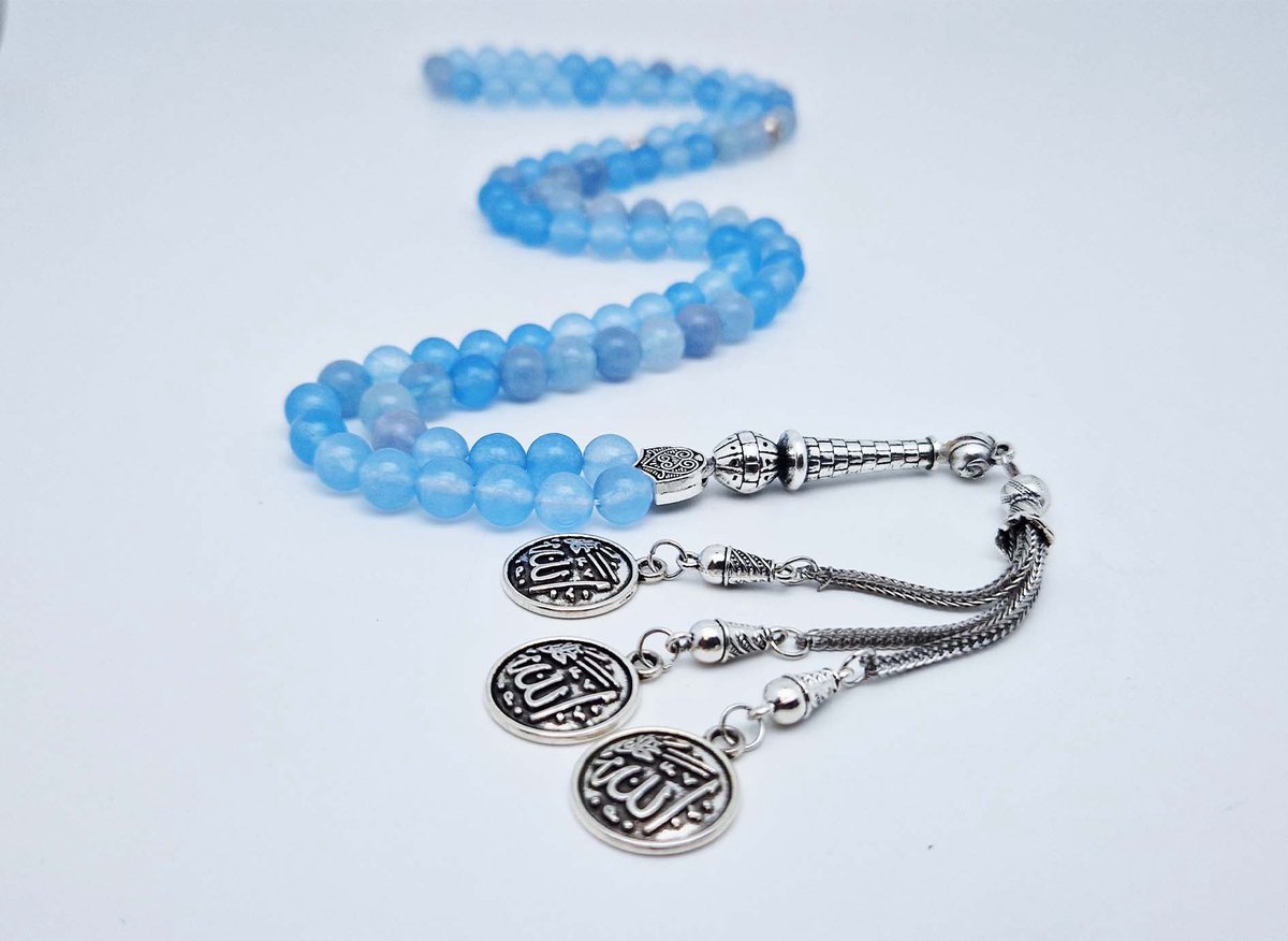 Handgemaakte tesbih "Tasbih" natuursteen " Blauwe Jade " - Aantal kralen 99 - Diameter kralen 8MM - met metaal tassel "Allah jala jalaluh" - Een mooi cadeau-idee
