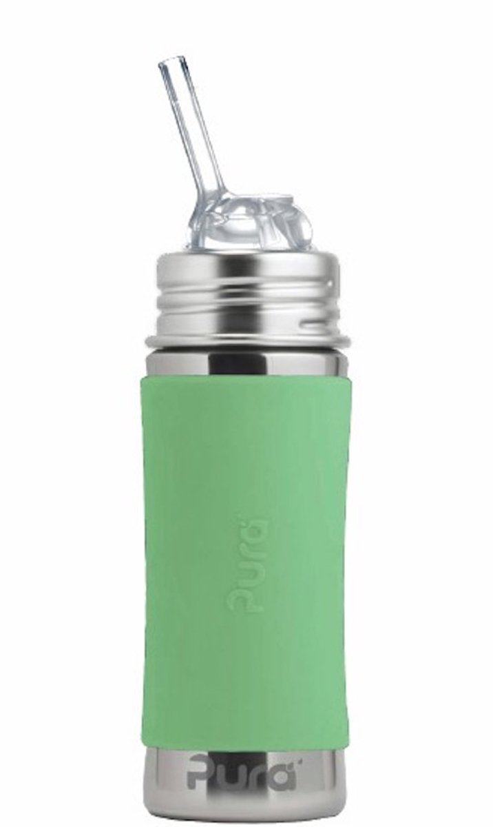 Pura Rietjesfles Kiddo Free-Flow 325 ml - Drinkfles - Bidon - Plasticvrij - Vaatwasserbestendig - Op 2 Manieren te Gebruiken - Inclusief Siliconen Rietje, Reisdop, Sleeve en Reinigingsborsteltje - Top is Verwisselbaar - Veelzijdig - Moss