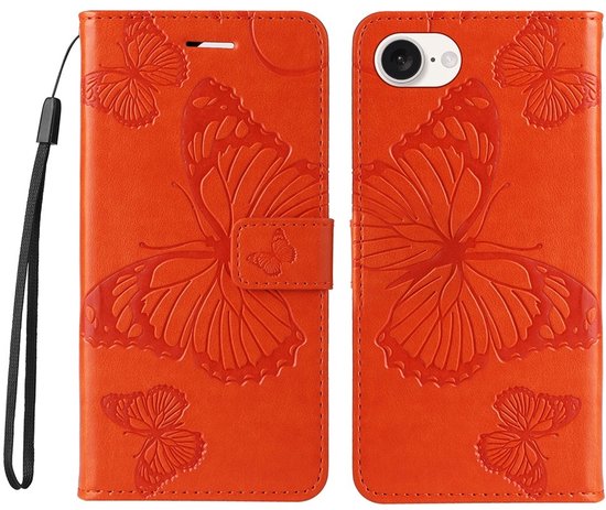 Étui portefeuille orange avec motif papillon en relief, avec dragonne, avec téléphone et étui séparés.