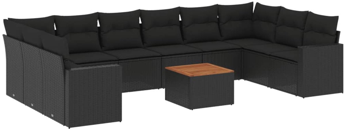 11-delige loungeset met zwarte poly rattan kussens en tuinbank - The Living Store.