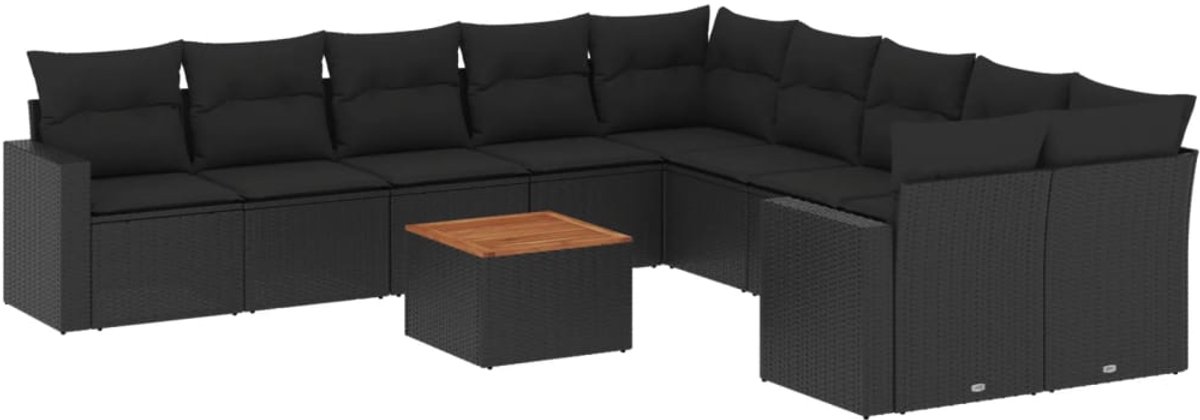 Moderne zwarte poly rattan loungeset met kussens voor buiten - The Living Store.