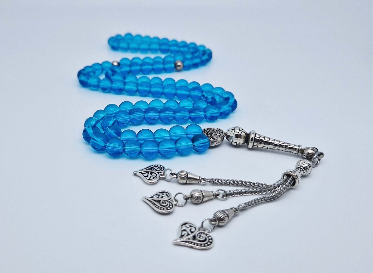 Handgemaakte tesbih "Tasbih" natuursteen " Blauwe kwarts " - Aantal kralen 99 - Diameter kralen 8MM - met metaal tassel "Harten" - Een mooi cadeau-idee