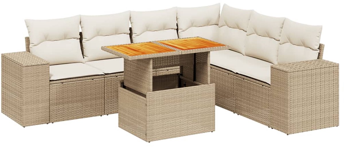 The Living Store 7-delige Loungeset met kussens poly rattan beige - Loungebank - Lounge Set - Tuinset - Buitendecoratie - Tuinlounge