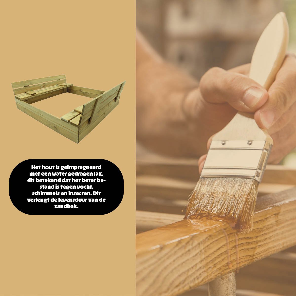 Muntel® Zandbak - Met Banken - Incl. Dekzeil & Gronddoek - Geïmpregneerd Hout - Montage Video - 120 x 120 CM — afbeelding 9